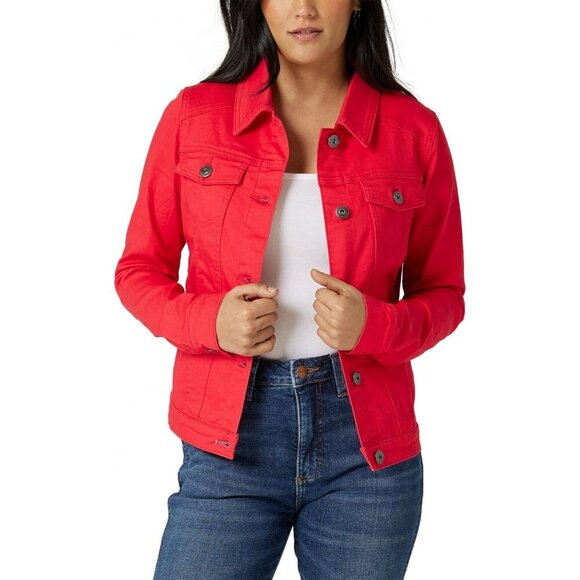 Women's Authentic Stretch Denim Jacket Long Sleeves Red Classic Jean Jacket - Picture 4 of 5